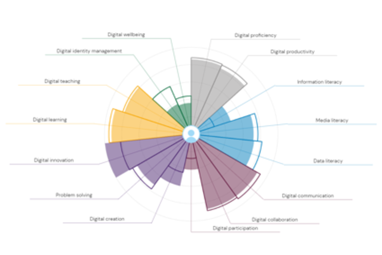 A radial chart displaying areas of digital proficiency, including problem-solving, collaboration, and productivity, with segment labels for each skill area.